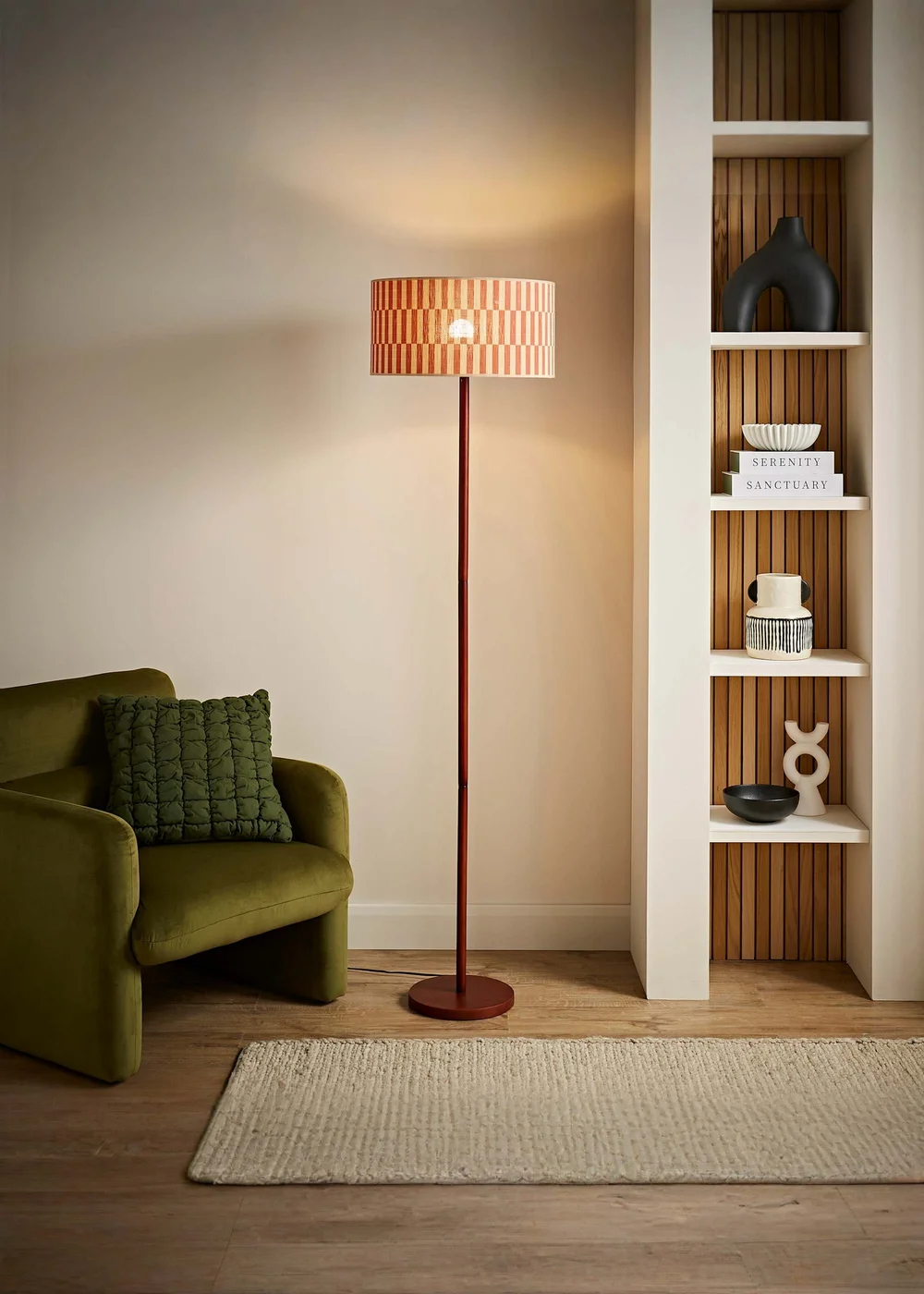 ValueLights Heather Dark Wood Floor Lamp with Orange Bamboo Lampshade - One Size Image 1