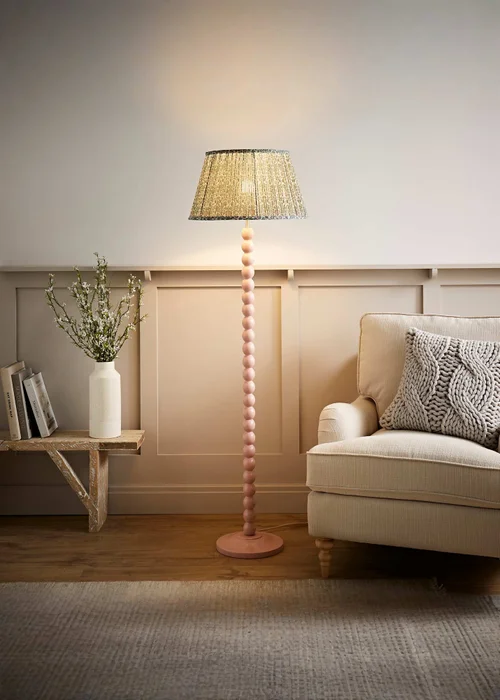 ValueLights Rose Pink Bobbin Floor Lamp with Floral Pleated Lampshade - One Size Image 1