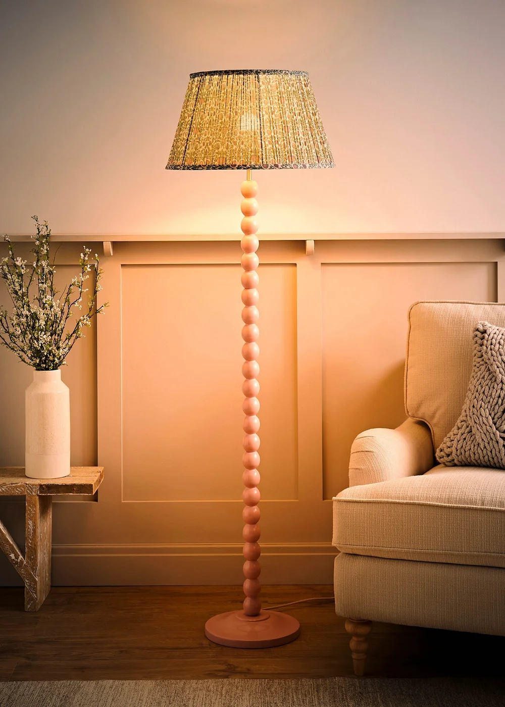 ValueLights Rose Pink Bobbin Floor Lamp with Floral Pleated Lampshade - One Size Image 3