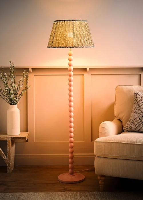 ValueLights Rose Pink Bobbin Floor Lamp with Floral Pleated Lampshade - One Size Image 3