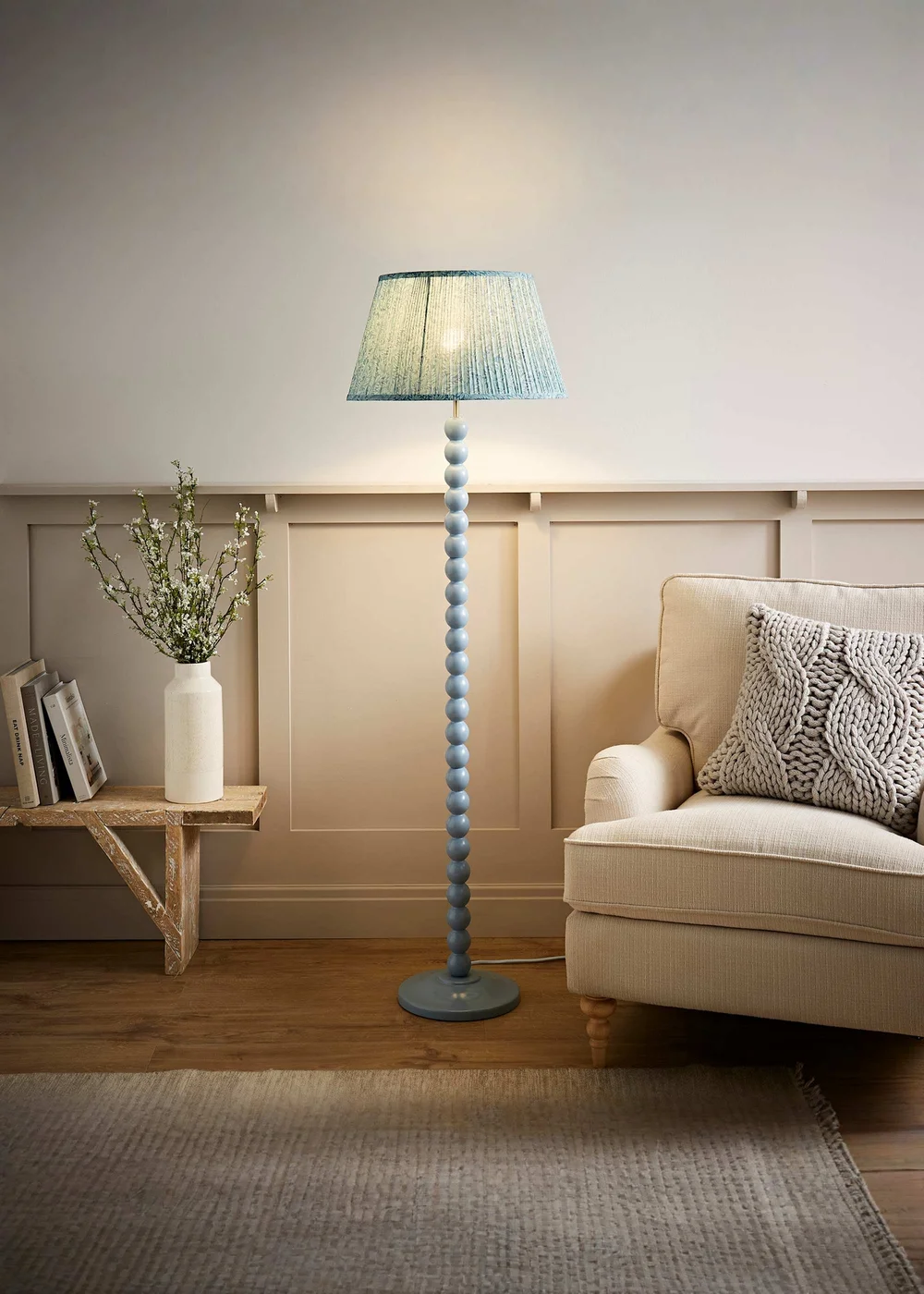 ValueLights Powder Blue Bobbin Floor Lamp with Leaf Pleated Lampshade - One Size Image 1