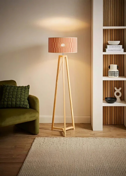 ValueLights Lottie Natural Floor Lamp with Orange Bamboo Lampshade - One Size Image 1