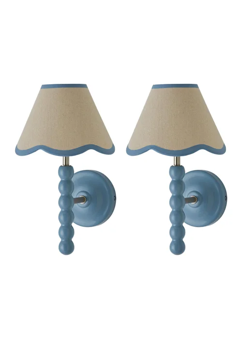 ValueLights Pair of Powder Blue Bobbin Wall Lights with Scallop Lampshades - One Size Image 1