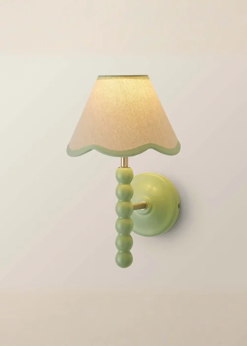 ValueLights Pair of Sage Green Bobbin Wall Lights with Scallop Lampshades - One Size Image 6