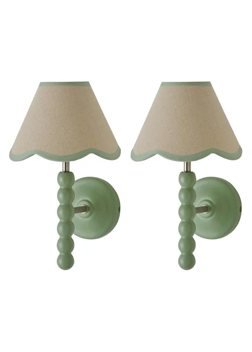 ValueLights Pair of Sage Green Bobbin Wall Lights with Scallop Lampshades - One Size Image 1