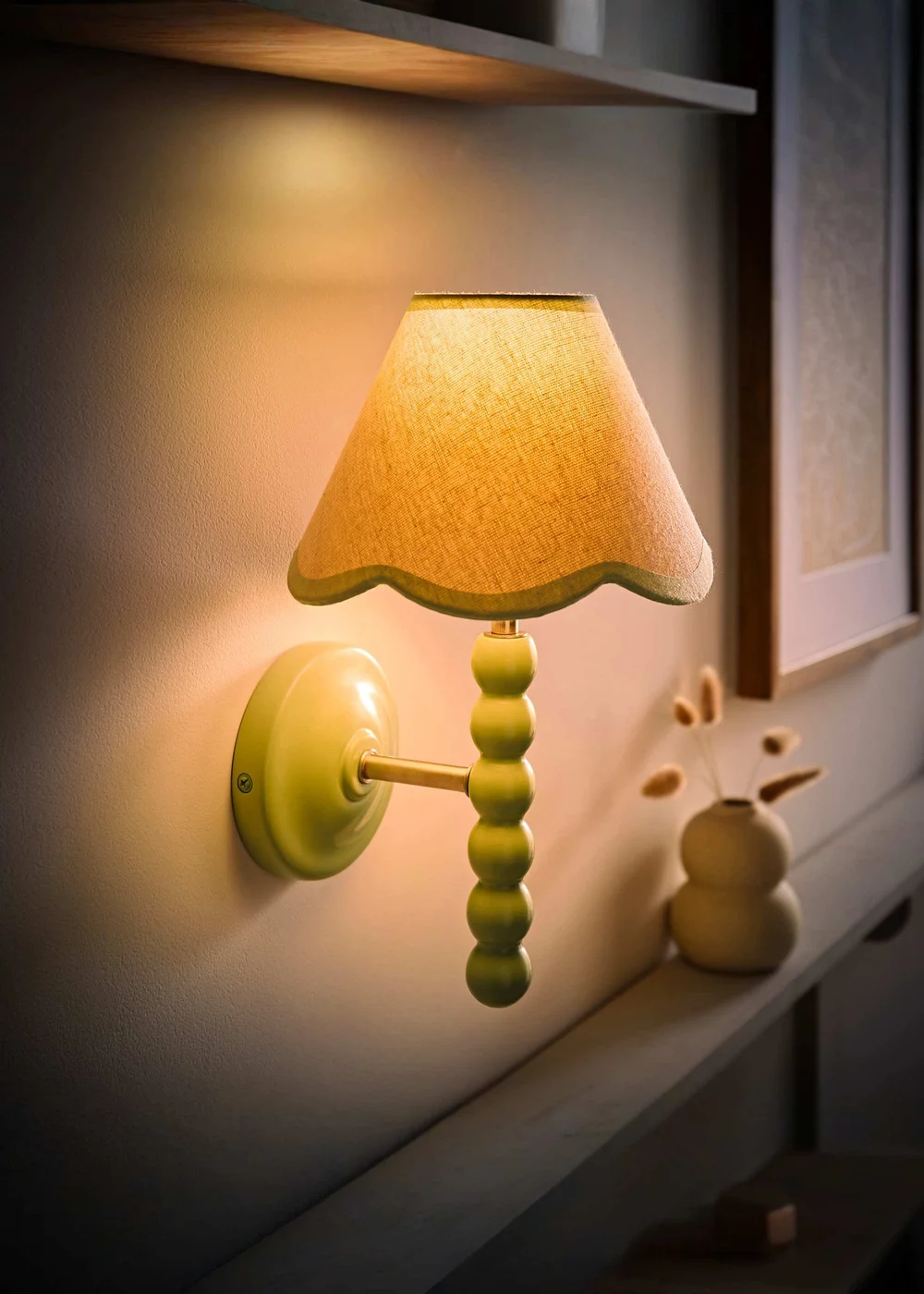ValueLights Pair of Sage Green Bobbin Wall Lights with Scallop Lampshades - One Size Image 3