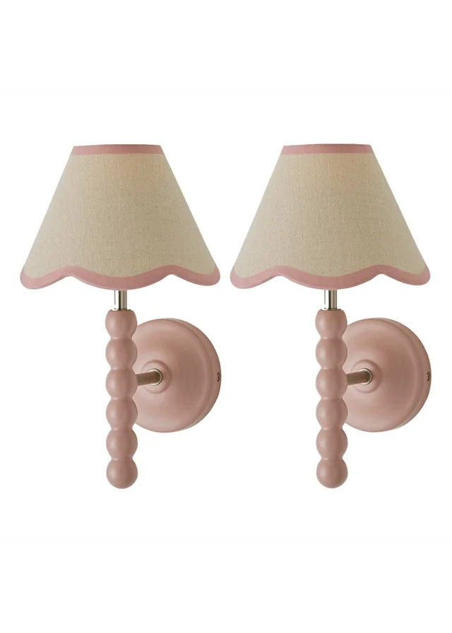 ValueLights Pair of Rose Pink Bobbin Wall Lights with Scallop Lampshades