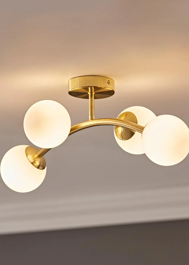 ValueLights Jas Gold Semi-Flush Light with White Globe Shade (20cm x 22cm x 48cm)