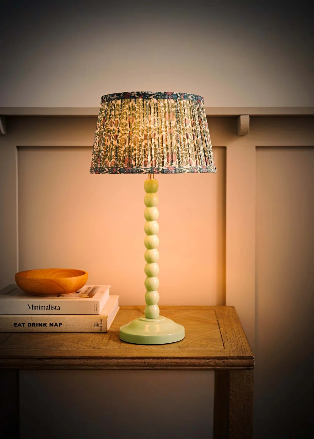 ValueLights Sage Green Bobbin Table Lamp with Floral Pleated Lampshade - One Size Image 3