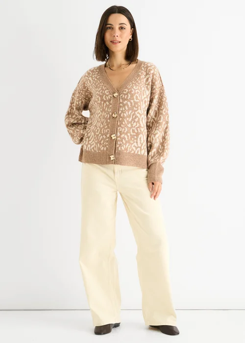 Gini London Camel Animal Print Wool Mix Cardigan Look Jumper - M/L Image 1