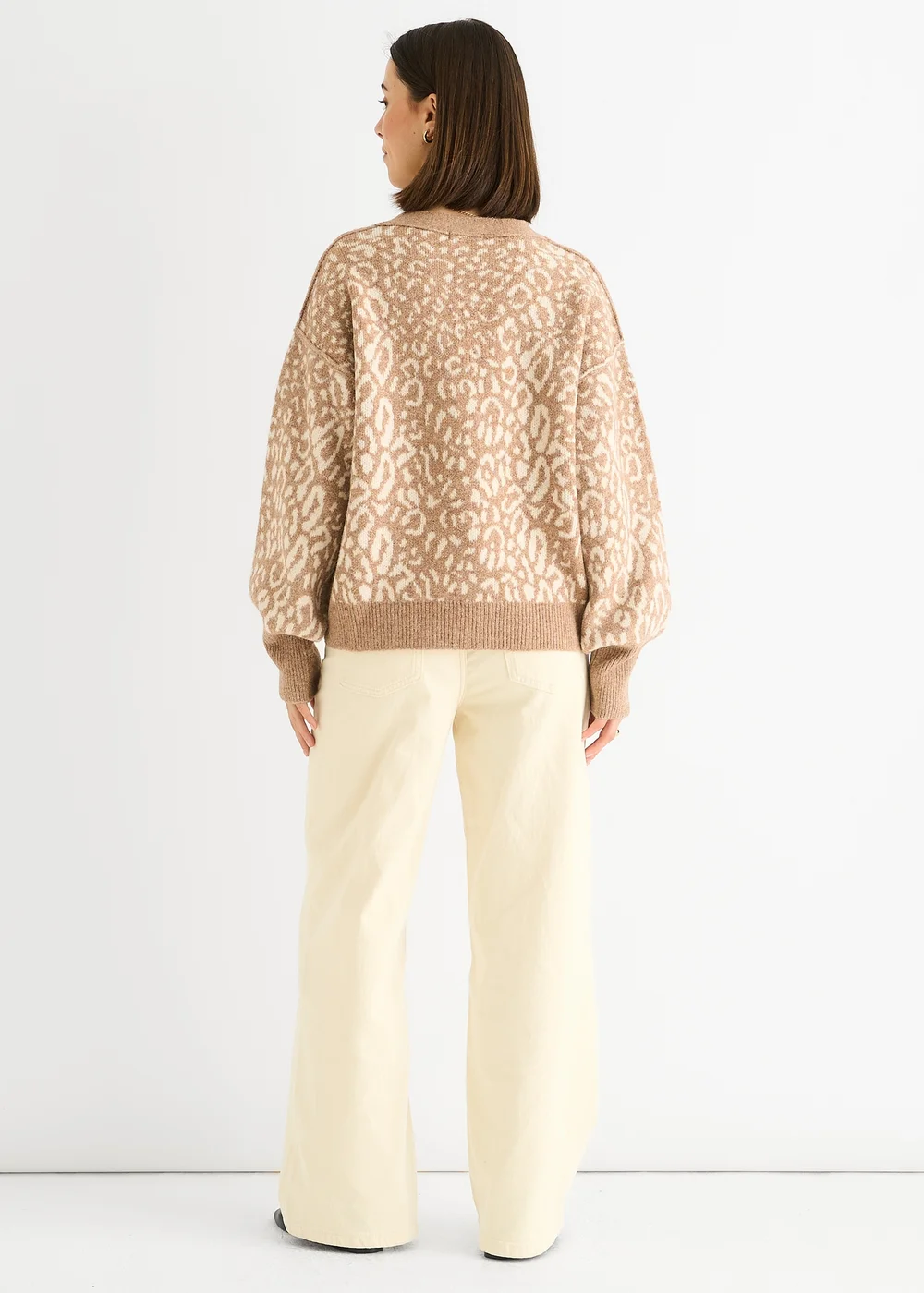 Gini London Camel Animal Print Wool Mix Cardigan Look Jumper - M/L Image 2