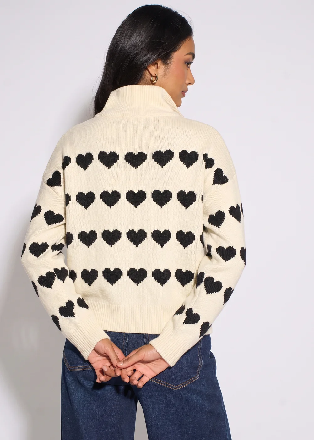 Gini London Cream Heart Zip Up Loose Fit Knit Jumper - S/M Image 2