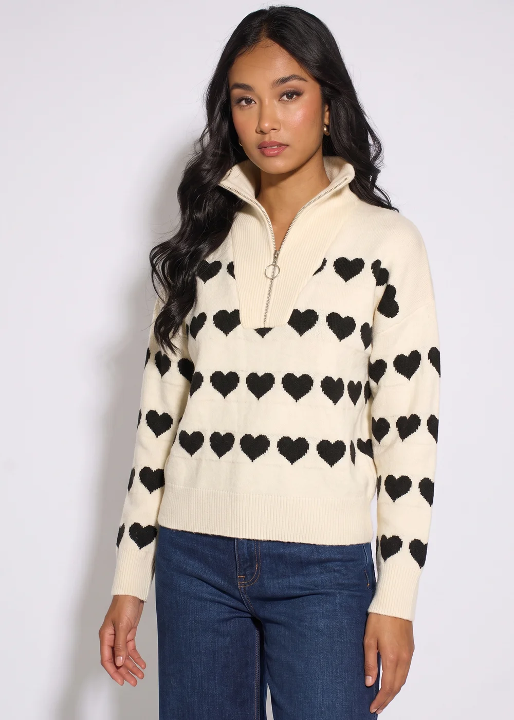 Gini London Cream Heart Zip Up Loose Fit Knit Jumper - S/M Image 4