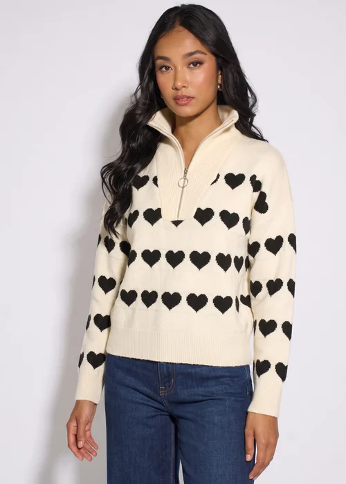 Gini London Cream Heart Zip Up Loose Fit Knit Jumper - S/M Image 4