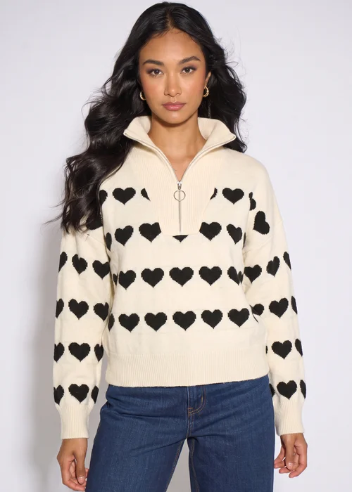 Gini London Cream Heart Zip Up Loose Fit Knit Jumper - S/M Image 1