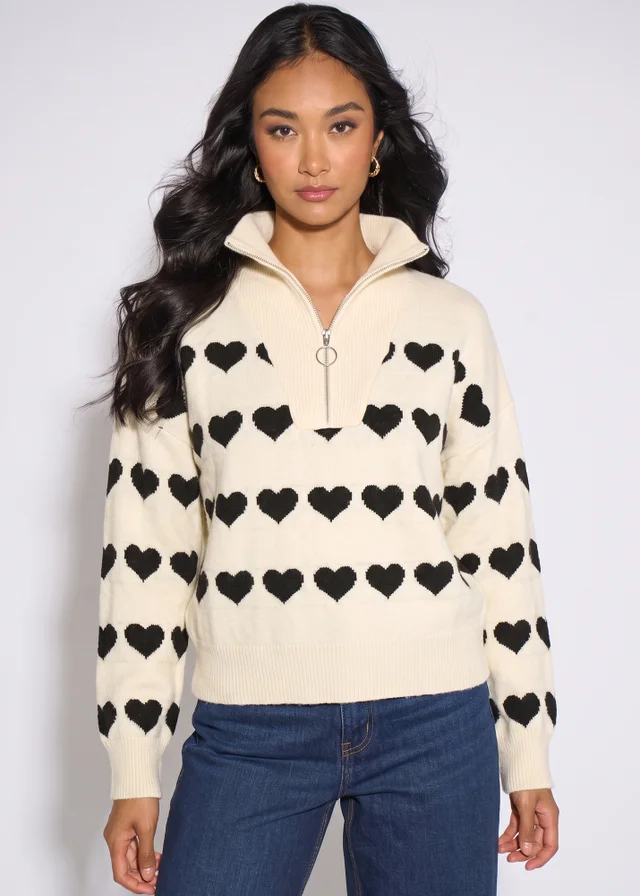 Gini London Cream Heart Zip Up Loose Fit Knit Jumper