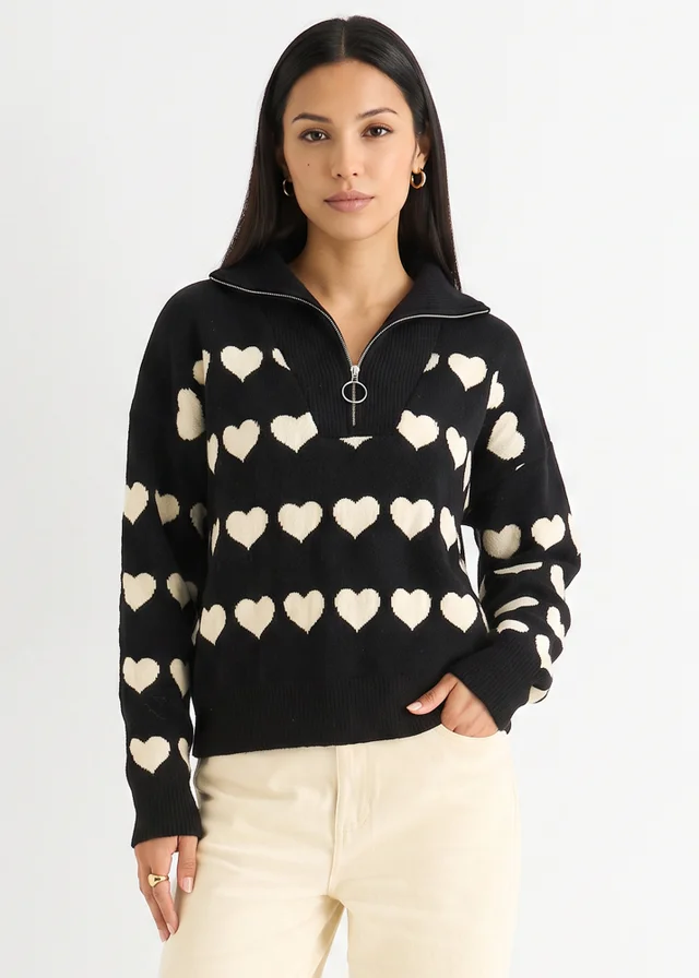 Gini London Black Heart Zip Up Loose Fit Knit Jumper