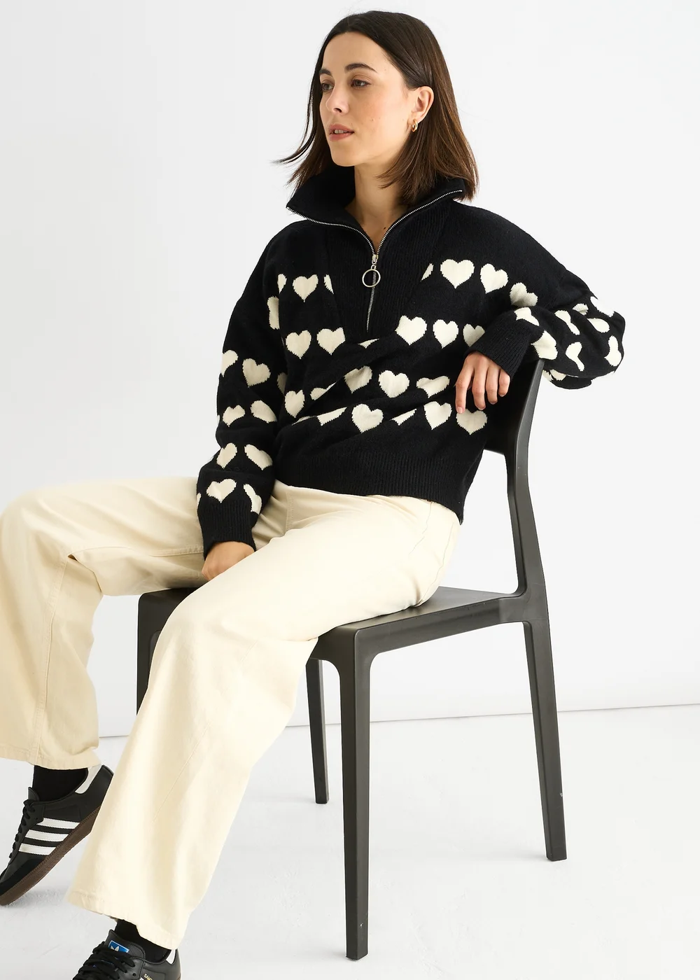 Gini London Black Heart Zip Up Loose Fit Knit Jumper - Small/Medium Image 4