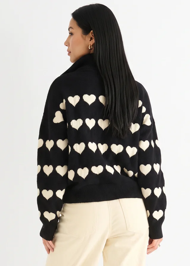 Gini London Black Heart Zip Up Loose Fit Knit Jumper