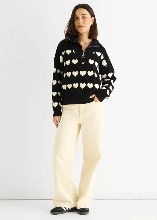 Gini London Black Heart Zip Up Loose Fit Knit Jumper - Small/Medium Image 1