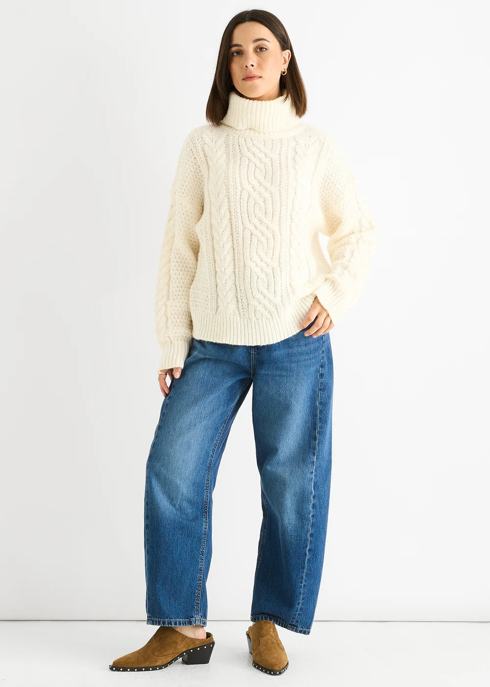 Gini London Cream Cable Knit High Neck Knit Jumper - Small/Medium Image 1
