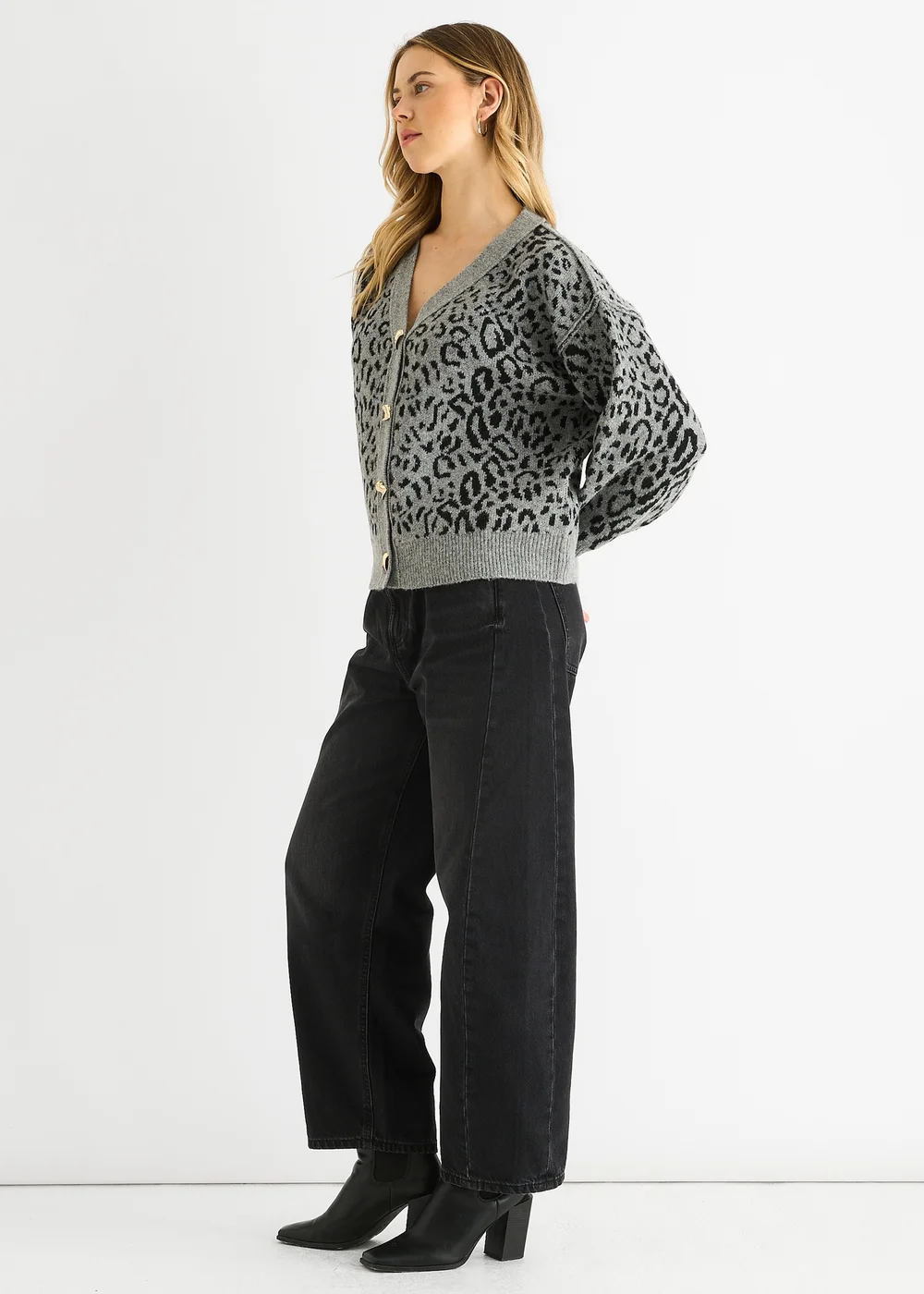 Gini London Grey Animal Print Wool Mix Cardigan Look Jumper - L/XL Image 4