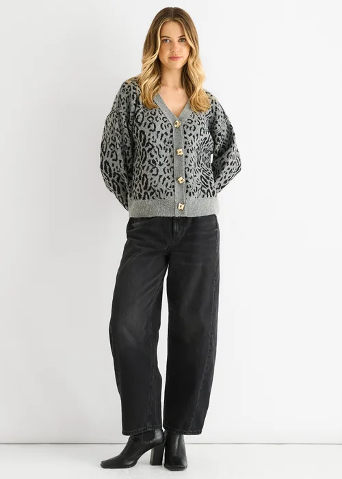 Gini London Grey Animal Print Wool Mix Cardigan Look Jumper - L/XL Image 1