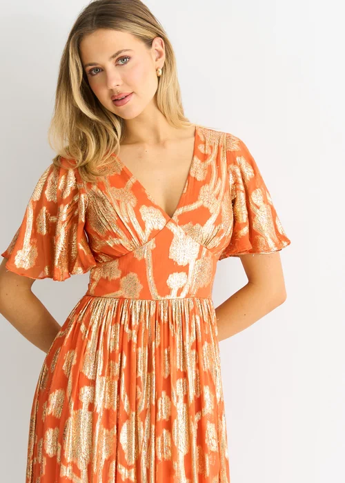 Gini London Orange Metallic Jacquard Flutter Sleeves Floral Maxi Dress - 10 Image 3