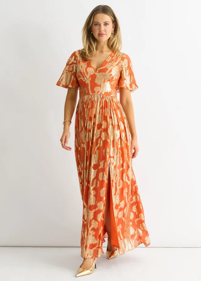 Gini London Orange Metallic Jacquard Flutter Sleeves Floral Maxi Dress