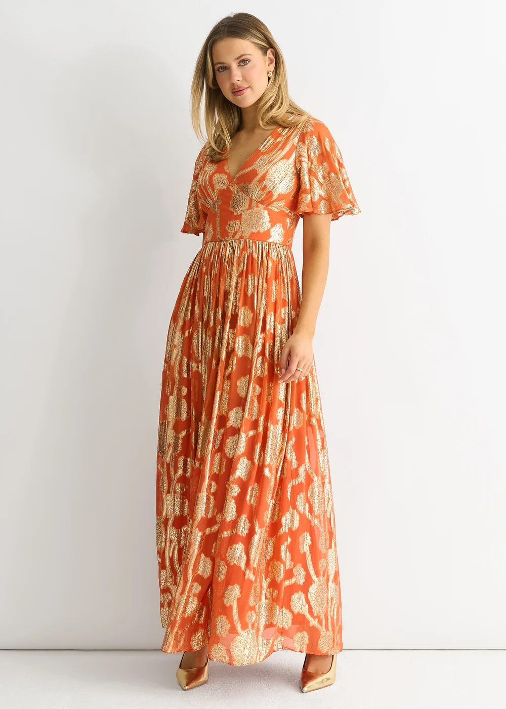 Gini London Orange Metallic Jacquard Flutter Sleeves Floral Maxi Dress - 10 Image 4