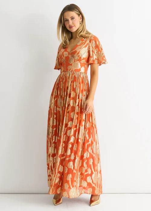 Gini London Orange Metallic Jacquard Flutter Sleeves Floral Maxi Dress - 10 Image 4