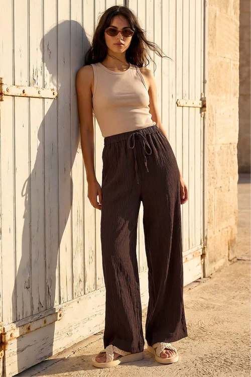 Dusk Brown Textured Elastic Waist Trousers - 12 Image 1