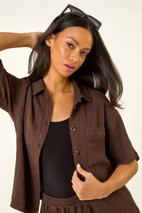 Dusk Brown Textured Buttoned Blouse - 14 Image 2