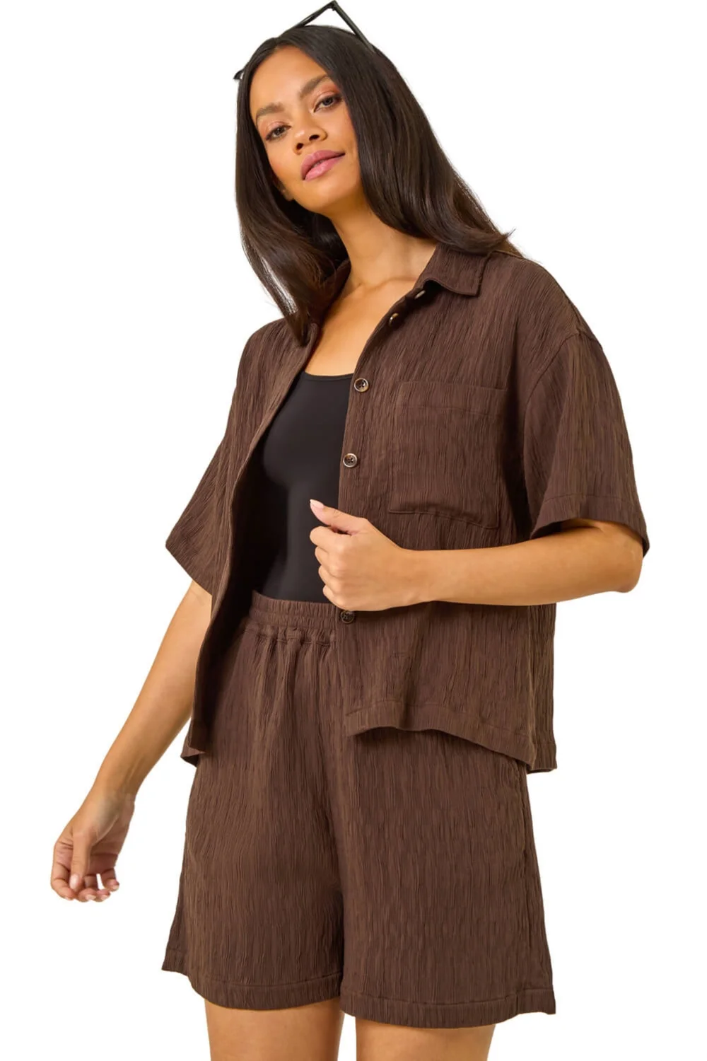 Dusk Brown Textured Buttoned Blouse - 14 Image 1