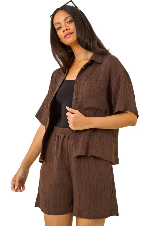 Dusk Brown Textured Buttoned Blouse - 14 Image 1