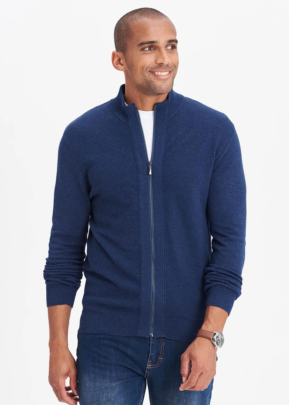 Cotton Traders Dark Sky Textured Knit Zip Through Cardigan - XS Image 1