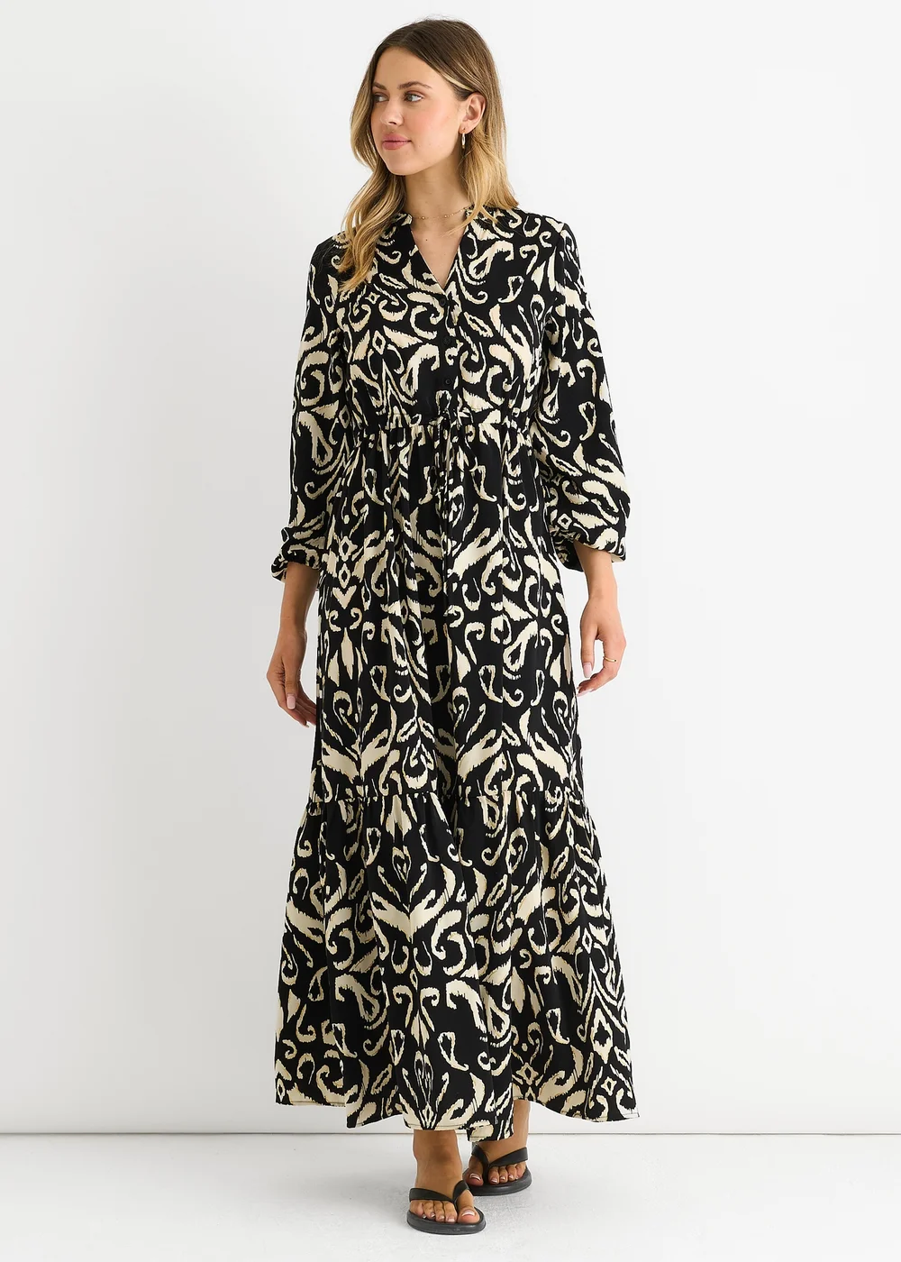 Gini London Black Ikat Print Tie Waist Maxi Dress - L/XL Image 4