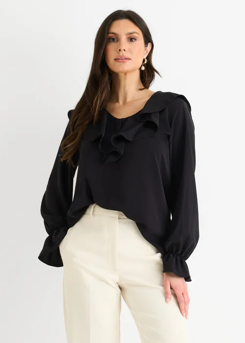 Gini London Black Wide Frill Loose Fit Blouse - M/L Image 3