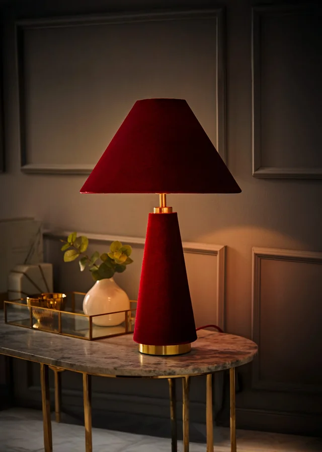 ValueLights Martha Conical Burgundy Velvet Table Lamp