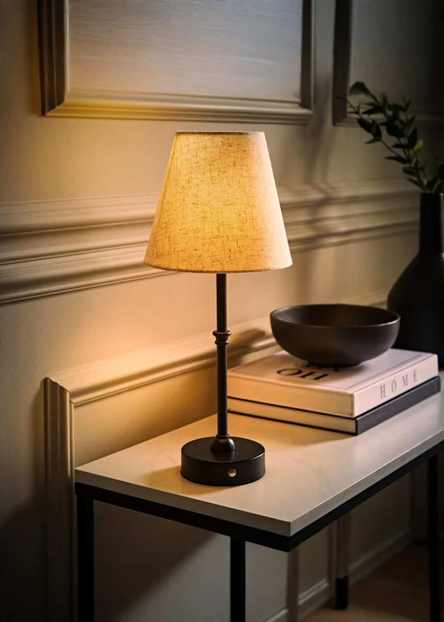 ValueLights Lowe Black Rechargeable Table Lamp with Linen Shade