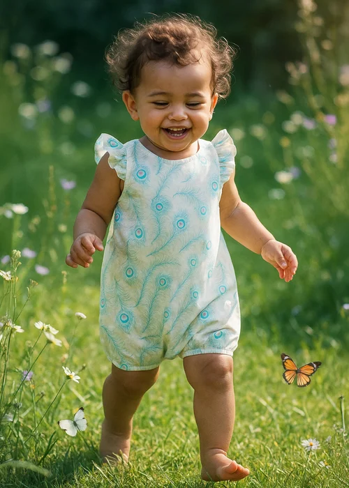 Lucy & Sam White Peacock Woven Frill Romper (9 Months to 6 Years) - Age 5-6 Years Image 1
