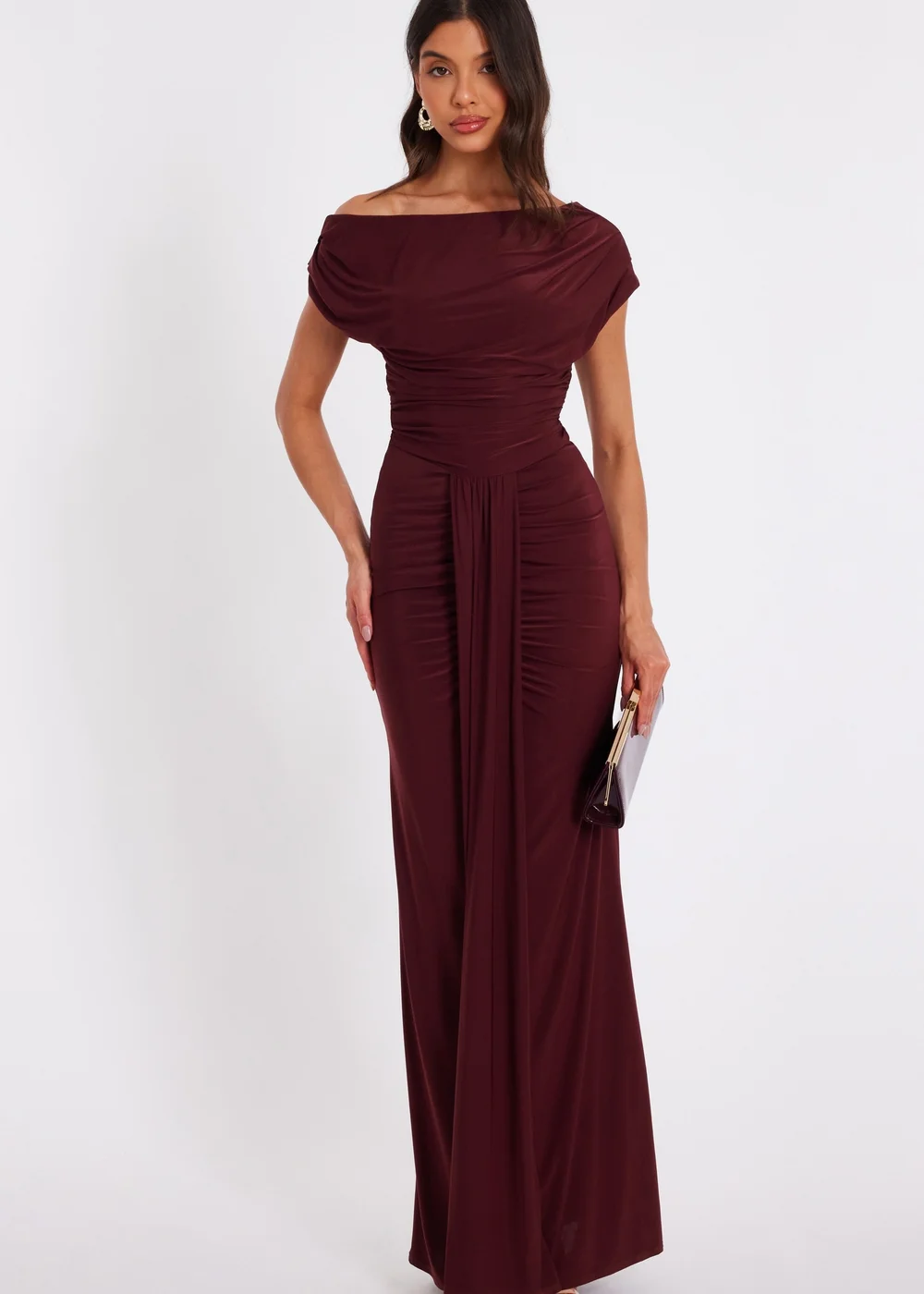 Quiz Burgundy Off Shoulder Ruched Maxi Dress - Size 14 Clothing Quiz Burgundy Off Shoulder Ruched Maxi Dress - Size 14 Clothing