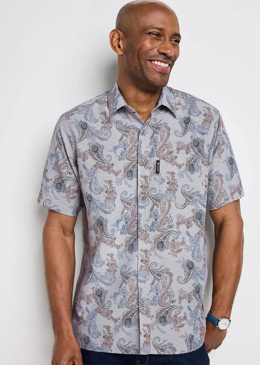 Cotton Traders Silver Grey Guinness TM 1/2 Short Sleeve Soft Touch Paisley Print Shirt - M Image 1