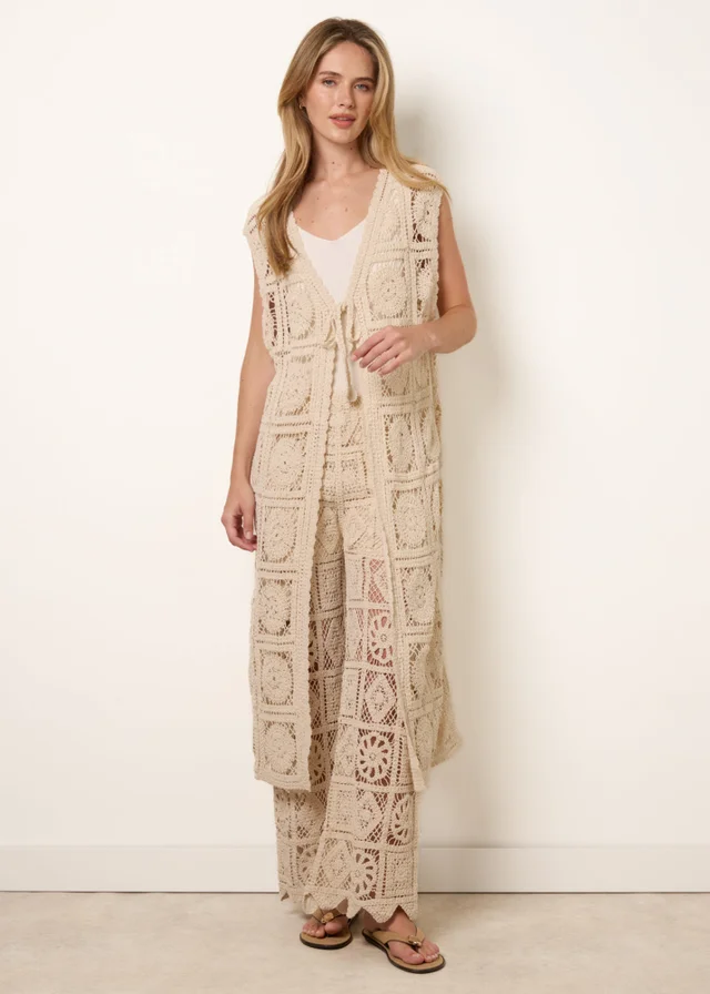 Blue Vanilla Beige Crochet Detailed Tie Front Cardigan