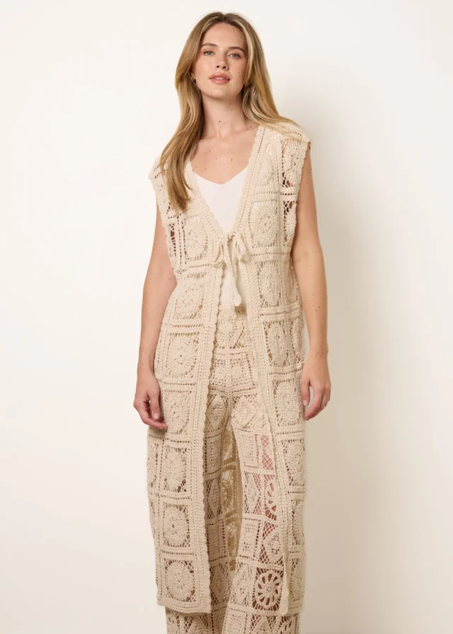 Blue Vanilla Beige Crochet Detailed Tie Front Cardigan