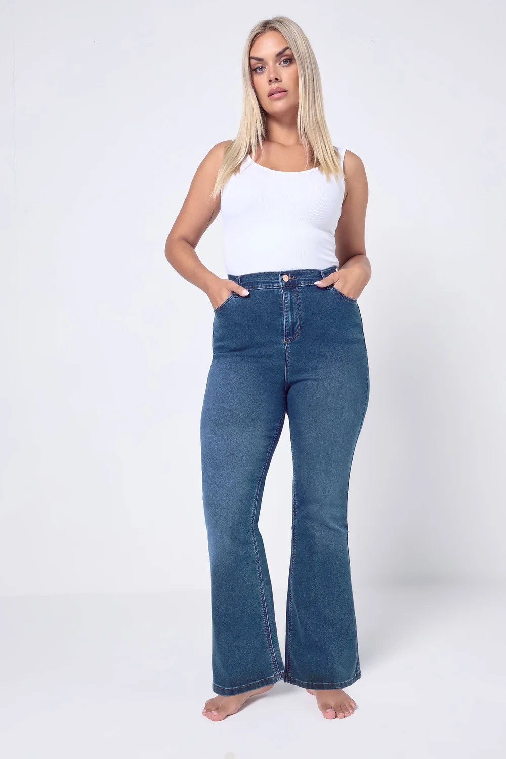Yours Curve Mid Blue Bootcut Stretch Isla Jeans - 24/L30 Image 1
