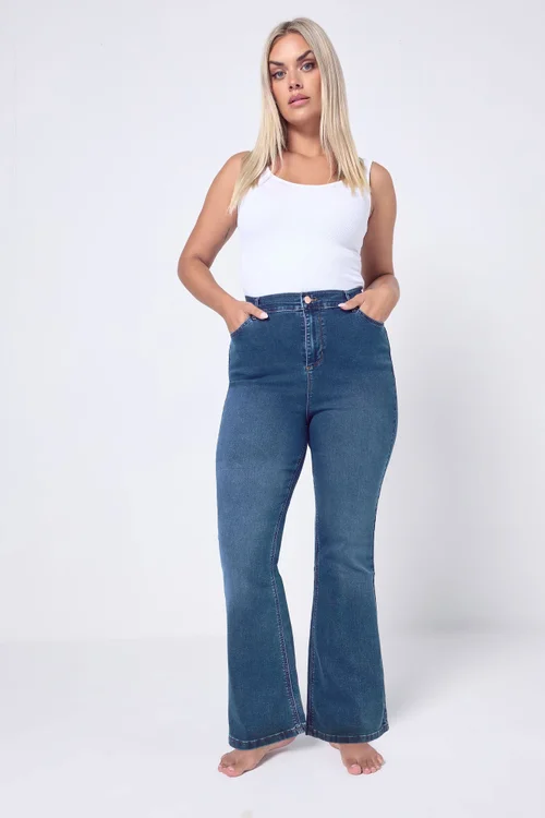 Yours Curve Mid Blue Bootcut Stretch Isla Jeans - 24/L30 Image 1