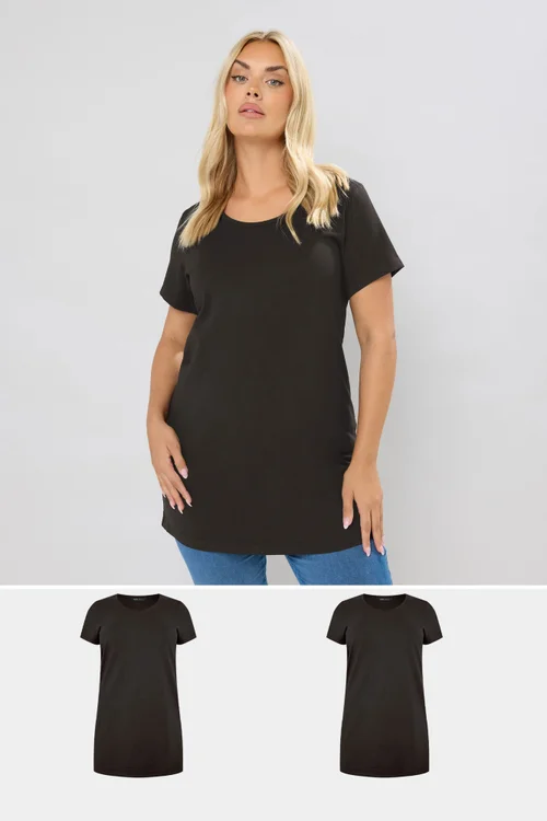 Yours Curve 2 Pack Black Longline T-Shirts - 18 Image 1