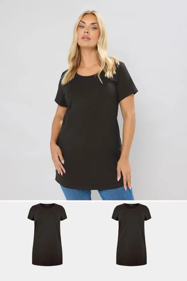 Yours Curve 2 Pack Black Longline T-Shirts