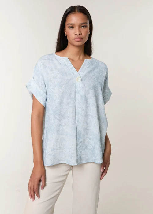 Blue Vanilla Blue Printed V Neck Button Top - S Image 3